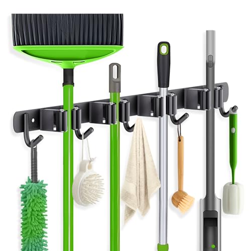 ZONGOOL 4 Racks and 5 Hooks Broom Holder Wall Mount Mop Hanger Wall Mount Metal Organization Tool Organizer Wall Hanging for Home Kitchen Garden Laundry Garage (Black) - color: Black, size: 1Pack 4R5H