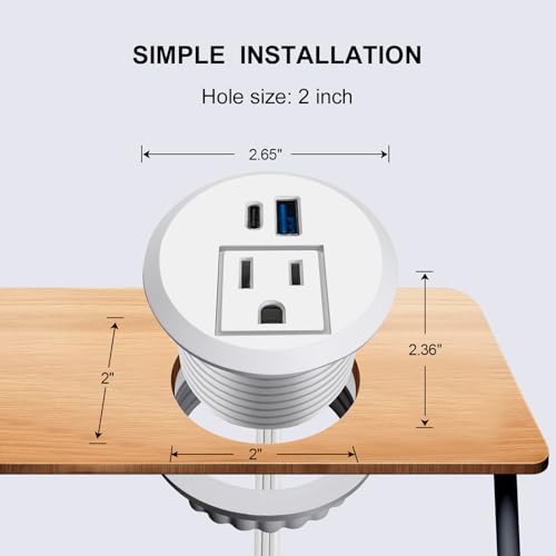 2 inch Desktop Power Grommet with 20W USB-C, Fast Charge Recessed Desk Outlet for Conference Countertop Cabinet Nightstand Furniture, 6.5FT Extension Cord, 45°Flat Plug, ETL Listed - color: White