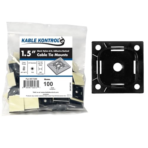 Kable Kontrol Zip Tie Mounts, 1-1/2” Sq, Black, 100 Pcs, Adhesive Backed Multi-Purpose UV-Resistant Mounting Squares Nylon Cable Tie Wrap Anchor Pads for Cable Management - color: Black, size: 1-1/2" Inch Square - 100 Pcs