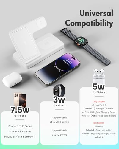 Wireless Charger Stand Charging Station: 3 in 1 Charger Stand Multiple Devices for Apple - iPhone 17 16e 16 15 14 Pro Max 13 12 - Watch 11 10 9 8 7 6 5 4 3 2 SE and Ultra Series-Airpods 4 3 Pro, White - color: White