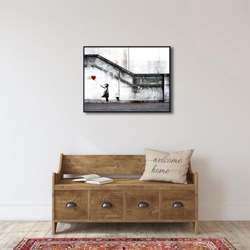 Wieco Art Framed Canvas Wall Art Giclee Canvas Prints of Banksy Grafitti Girl with Red Balloon Abstract Artwork for Wall Decor Home Decorations Black Frame - size: 32"L x 24"W