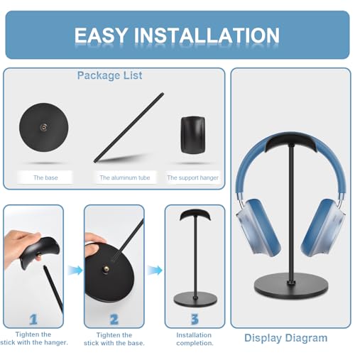 T-fun Headphone Stand, Curved Headset Stand with Aluminum Rod ABS Solid Base Gaming Headset Holder for Desk Headphone Accessories for Organization and Display, Black