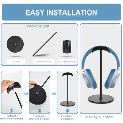 T-fun Headphone Stand, Curved Headset Stand with Aluminum Rod ABS Solid Base Gaming Headset Holder for Desk Headphone Accessories for Organization and Display, Black