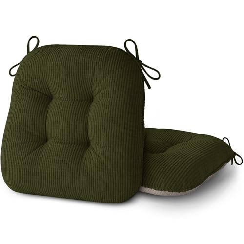 AddGrace Chair Cushions for Dining Chairs Set of 2 Non-Slip Kitchen Seat Cushions with Ties Tufted Thick Seat Pads for Indoor Kitchen Dining Furniture 17"x16"x3" Dark Green - color: Dark Green