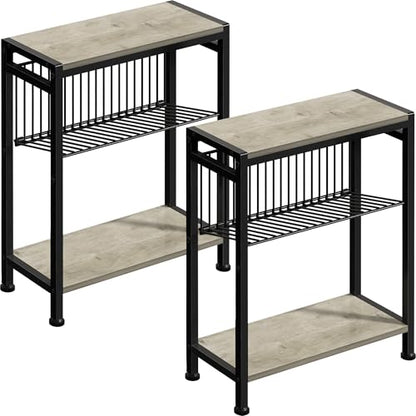 Small Side Table Set of 2 for Small Space, 3-Tier Narrow End Table with Magazine Holder, Slim Nightstand, Skinny Snack Couch Table in Living Room, Bedroom, Kitchen and Balcony (Greige) - color: Greige-2pcs