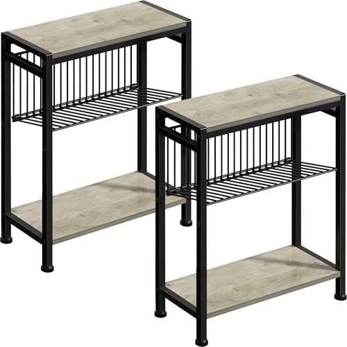 Small Side Table Set of 2 for Small Space, 3-Tier Narrow End Table with Magazine Holder, Slim Nightstand, Skinny Snack Couch Table in Living Room, Bedroom, Kitchen and Balcony (Greige) - color: Greige-2pcs