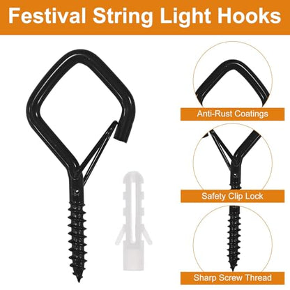 42 Pcs Screw Hooks for Outdoor String Lights, Patio Wall Ceilling Eye Hook | Square Q-Hanger Hook with Safety Buckle for Hanging Cup Plant Pots Christmas Decor Wire Fairy Led, Wind Nut Driver, Black