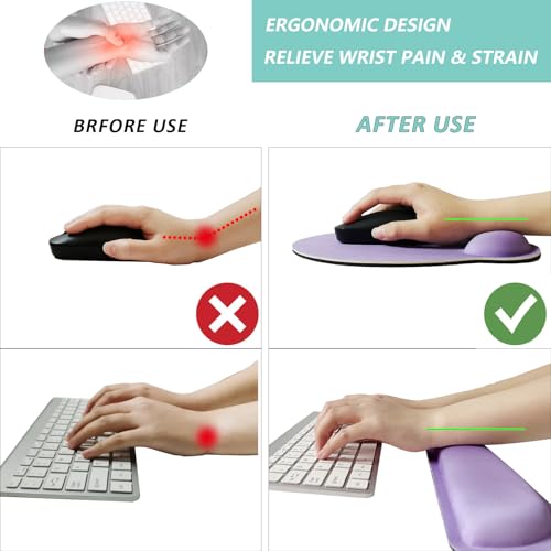 Keyboard Wrist Rest Pad Mouse Pad with Wrist Support Set of 3, Mousepad with Non-Slip Rubber Base, Ergonomic Memory Foam Mouse Wrist Cushion Support for Home Office Laptop Computer Gaming, Purple - color: Purple