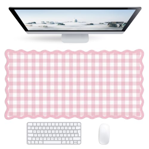 Checkered Dark Pink Scalloped Mouse Pad,Cute Kawaii Gingham Large Desk Mat Non-Slip Rubber Base,Aesthetic Decor Gaming Computer Desk Pad for Office Mouse Keyboard Pad, 31.5" x 15.7", XL - color: Checkered Dark Pink