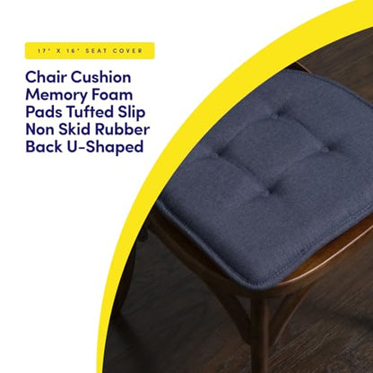 Sweet Home Collection Chair Cushion Memory Foam Pads Tufted Slip Non Skid Rubber Back U-Shaped 17" x 16" Seat Cover, Denim Blue 4 Count - color: Denim Blue, size: 4 Pack, style: Foam Pads