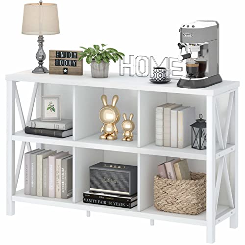FATORRI 6 Cube Storage Organizer with Shelf, 47 Inch Long Horizontal Bookshelf, Wood and Metal Cube Bookcase, Low Book Shelf for Living Room, Home Office (White Oak) - color: White Oak, size: Without Drawer