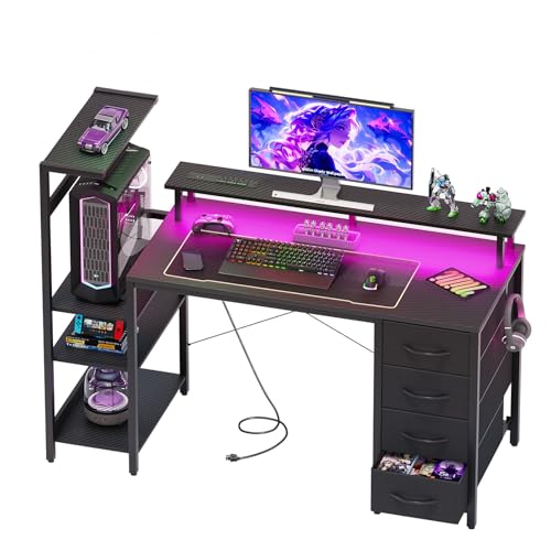 51 Inch Gaming Desk with Power Outlet and LED Lights, Computer Desk with 4 Drawers & Storage Shelves, Reversible Home Office Desk with Monitor Stand for Small Space Bedroom, Carbon Fiber Black - color: Black, size: 51 inch