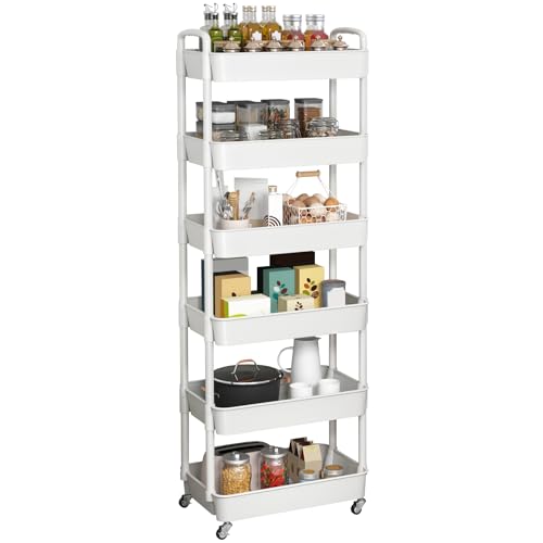 Sywhitta 6-Tier Plastic Rolling Utility Cart with Handle, Multi-Functional Storage Trolley for Office, Living Room, Kitchen, Movable Storage Organizer with Wheels, White - color: White, size: 6-tier