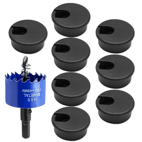 8pcs 1-3/4 Inch Desk Grommet with Drilling Hole Saw, Plastic Desk Hole Cover, Black Cable Hole Cover, Desk Hole Grommet for Wire Cord Organizing Office Computer Desk - color: Black, size: 1-3/4 Inch