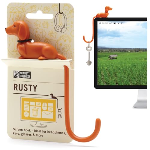 Monkey Business Rusty The Dog Tail Hook for Computer Screen, Desk Headphone Hanger Organizer Decorative Hooks, Adhesive Hook for Hanging Keys Cables Hats and Computer Accessories - color: Rusty - Orange