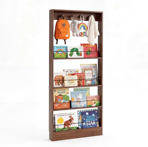 FerniTry Behind The Door Bookshelf Kids,Wooden Behind Door Bookshelf, 4-Tier Bookcase Book Shelf Space-Saving Organizer Storage for Toys and Story Books Wall Mount Shelves with Hooks Walnut - color: Walnut, size: 23.6''Lx3.94''Dx60.83''H