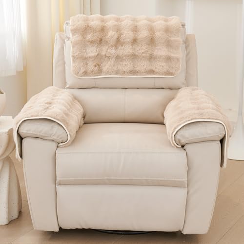 vctops 3 Pieces Faux Rabbit Fur Sofa Armrest Cover for Recliner Chair Non Slip Fluffy Furry Headrest Cover Soft Fuzzy Couch Cover for Dogs Washable Furniture Protector (Khaki,1 Seat) - color: Khaki