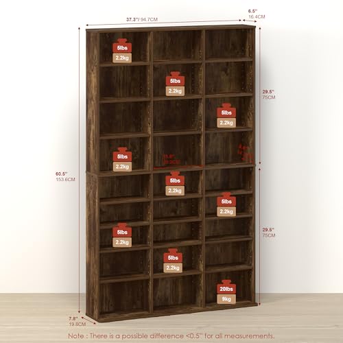 Toki 24-Shelf DVD Storage Tower, Adjustable CD Rack & Media Shelf Organizer, Slim Media Storage Cabinet for Living Room, Bedroom, or Game Room, Rustic Amber - color: Rustic Amber, size: 24-Shelf
