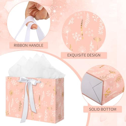 woric 13.7" Pink Gift Bags Set of 2, Large Birthday Gift Bags for Women | 2 Pink Bags with Ribbon Handle, 4 Tissue Paper & Greeting Cards, Women Girls Birthday, Anniversary, Wedding Bridal Showers - color: Pink