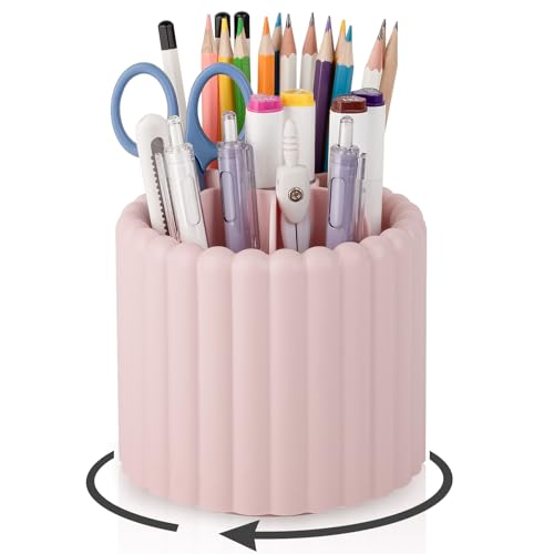 Anyoifax 360° Rotating Pen Holder 7 Slots Desk Organizer Removable Pencil Cup Plastic Art Supplies and Accessories Desktop Storage Box Caddy for Office, School, Home (Pink) - color: Pink, size: Small