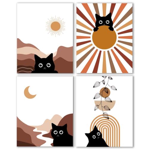4Pcs Boho Aesthetic Minimalist Black Cat Wall Poster Decor Gifts for Lovely Cat, Farmhouse Geometric Hanging Wooden Wall Art, Mid Century Bohemian Abstract Moon and Sun Wood Sign, 8" X 10"Unframed