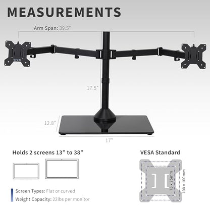 VIVO Freestanding Dual Ultrawide Monitor Stand with Sleek Glass Base and Adjustable Arms, 2 Screens up to 38 inches and 22 lbs Each, Black, STAND-V038FG - color: Black, size: 13" to 38" Screens