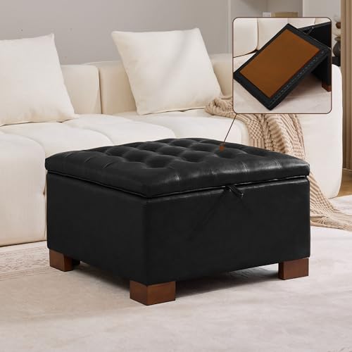 WUTUTUEE 30" Faux Leather Square Storage Ottoman with Wooden Tray, Modern Tufted Button Footstool Coffee Table, Upholstered Large Ottoman for Living Room, Bedroom, Black - color: Black-pu, size: 30 Inch
