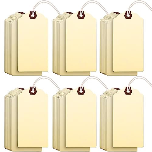 Outus 60 Pcs 4 3/4-in x 2 3/8-in Blank Large Paper Gift Tags with String and Reinforced Eyelet Wire Writable Price Tags Shipping Labels Inventory Labels(Ivory) - color: Ivory, size: Solid Style