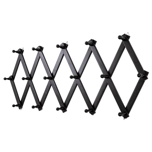 SCUNDA Accordion Wall Hanger with 16 Hooks, Wooden Wall Expandable Coat Rack for Coat, Hats, Baseball Caps, Coffee Mug, Jewelry(Black) - color: Black, size: 16 Hooks