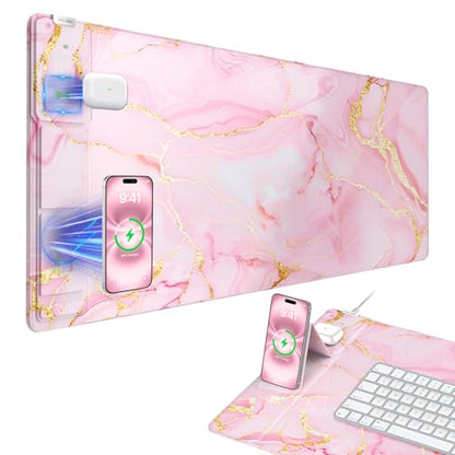 Wireless Charging Mouse Pad with Foldable Phone Holder, 31.5"x15.8" Large Desk Mat for Laptop/Keyboard, Waterproof Ultra-Smooth Surface, Non-Slip Base, Pink Marble - color: Pink Marble-31.5"x15.8"-Phone Holder