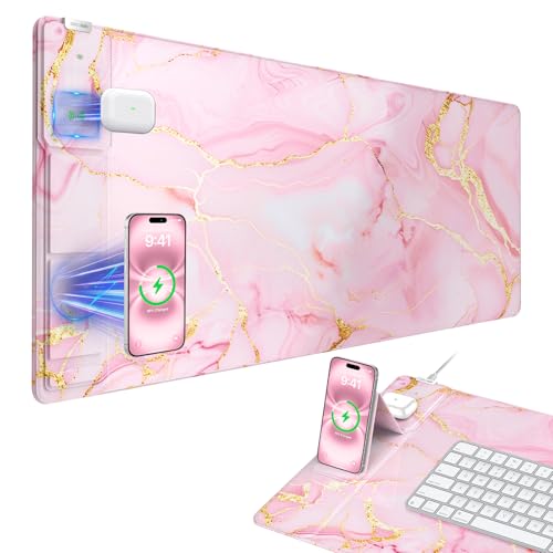 Wireless Charging Mouse Pad with Foldable Phone Holder, 31.5"x15.8" Large Desk Mat for Laptop/Keyboard, Waterproof Ultra-Smooth Surface, Non-Slip Base, Pink Marble - color: Pink Marble-31.5"x15.8"-Phone Holder