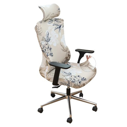 Ergonomic Office Chair Covers Set with Headrest Cover Floral 2 Pieces Stretch Desk Computer Office Chair and Headrest Slipcovers Washable - color: Elegent Flowers, size: Chair and Headrest Covers