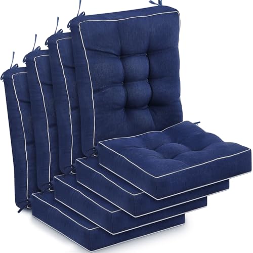 Juexica 4 Sets Outdoor Patio Cushions High Back Outdoor Chair Cushions Rocking Cushion Patio Fastness Chair Pads with Ties for Seasonal Indoor Home Office(Navy Blue,16 x 16 x 3.5) - color: Navy Blue, size: 16 x 16 x 3.5