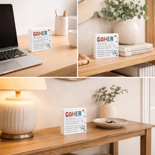 Gamer Gifts for Men Women, Gamer Definition Wooden Box Sign for Home Gaming Room Internet Cafe Decor 5x5 Inch