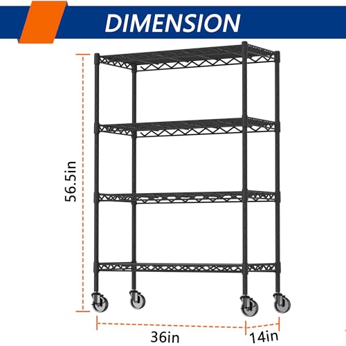 Soywey 4-Shelf Adjustable Heavy Duty Storage Shelving Unit on 4 Wheel Casters, Metal Organizer Wire Rack for Laundry Bathroom Kitchen Pantry Closet, Black - size: 4-Shelf, style: With Wheels