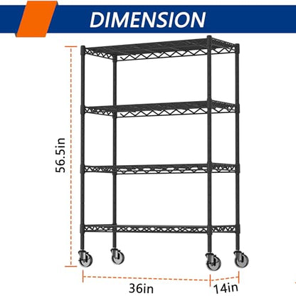 Soywey 4-Shelf Adjustable Heavy Duty Storage Shelving Unit on 4 Wheel Casters, Metal Organizer Wire Rack for Laundry Bathroom Kitchen Pantry Closet, Black - size: 4-Shelf, style: With Wheels