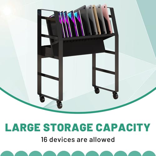 Black Mobile Open Storage Cart with Wheels and 16 Devices for iPads,Chromebooks & Laptop Computers,Removable Dividers,Office,Surge Protection Station Rack