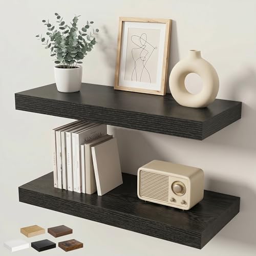 Floating Shelves for Wall 24 in x 9.3 in Deep, Wall Mounted Rustic Wood Shelf with Invisible Brackets for Storage & Display, Living Room Bedroom Bathroom, Black, 2 Pack - color: Black, size: 24 Inch, 2 pack