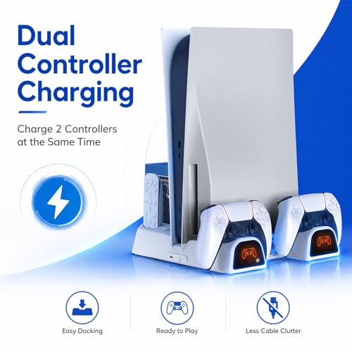 Cooling Station for PS5/Slim/Pro/Disc&Digital, White Cooling Stand with Dual PS5 Controller Charging Station, 3 Levels Cooling Fan, Multi-Function PS5 Accessories Slot and USB Hub