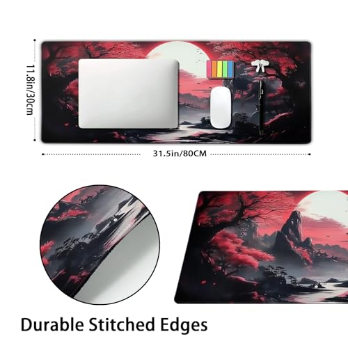 Black Red Japanese Gaming Mouse Pad XL Moon Sakura Cherry Blossom Extended Big Large Desk Mat Non-Slip Rubber Base Stitched Edge Long Keyboard Mousepad for PC Computer Laptop,31.5×11.8 in - color: Red Japanese Sakura, size: X-Large