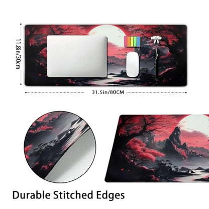 Black Red Japanese Gaming Mouse Pad XL Moon Sakura Cherry Blossom Extended Big Large Desk Mat Non-Slip Rubber Base Stitched Edge Long Keyboard Mousepad for PC Computer Laptop,31.5×11.8 in - color: Red Japanese Sakura, size: X-Large