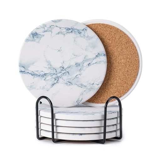 Hoewina 6Pcs Drink Coasters with Holder, Natural Style Ceramic Drink Coaster, Absorbent Coasters Set Suitable for Kinds of Cups, Modern Style Coasters for Coffee Table, 4 Inches（Style 6） - color: Style 6