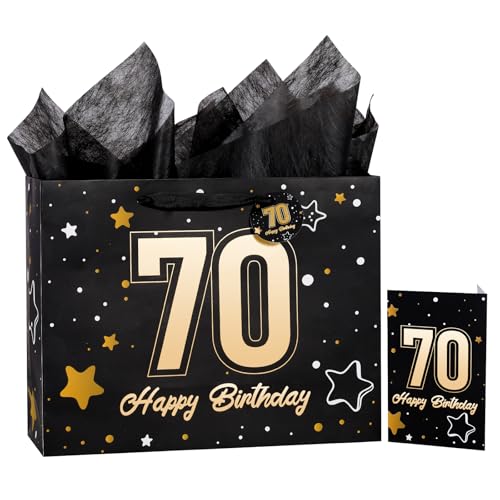 Powbrace 13" Black 70th Birthday Gift Bag with Tissue Paper and Greeting Card for Party,Happy Birthday Gift Bag for Men Women,Gift Bags Medium size(1 Black 70th) - color: 1 PCS Black 70th, size: 1 count (Pack of 1)