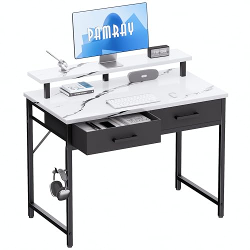 Pamray 32 Inch Small Computer Desk with Monitor Stand Home Office Desks with 2 Drawers for Bedroom Study Writing and Work Table for Small Spaces Marble - color: Marble