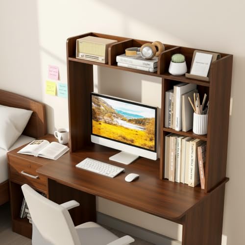 Tangkula Desktop Bookshelf, Countertop Storage Hutch with Shelves for Computer Desk, Desk 3-Tier Display Rack, Multipurpose Wood Desktop Hutch Storage Organizer for Dorm Office (Walnut) - color: Walnut, size: 5 Shelves
