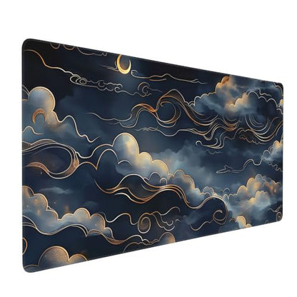 Japanese Mouse Pad, Moon and Cloud Desk Mat, Aesthetic Gaming Desk Pad 35.4 x 15.7 Inch, Non-Slip Rubber Base with Stitched Edges for Office and Gaming - color: Green And Gold