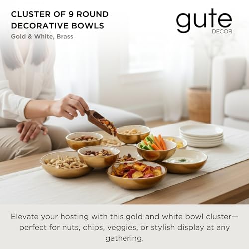 Cluster of 9 Serving Bowls, One-Piece Set, Gold White Brass Multi-Bowl Display Tray for Snacks Nuts Chips Appetizers, Modern Home Entertaining Centerpiece Dining Parties Housewarming Wedding Gifts 11" - color: Enamel White and Gold 9 Cluster 11"
