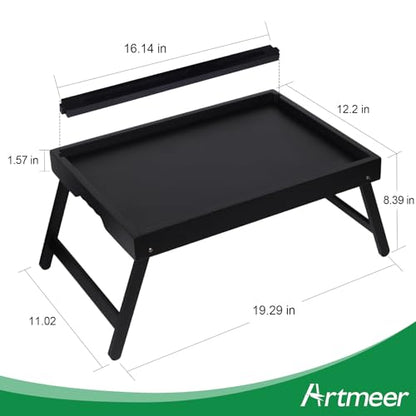 Bed Tray Table with Handles Folding Legs,Bamboo Breakfast Food Tray with Media Slot,Use As Platter,Laptop Desk,Snack,TV Tray Kitchen Serving Tray Black Large - color: Black, size: Large