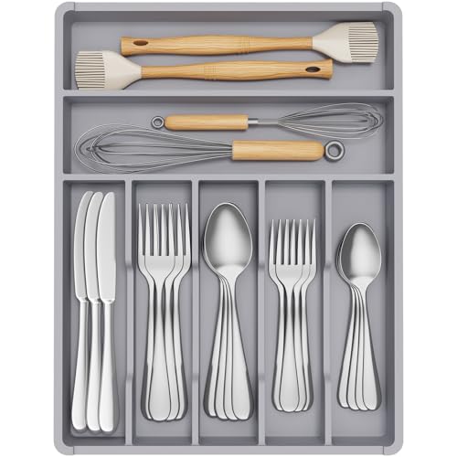 Lifewit Silverware Drawer Organizer Tray, Plastic Cutlery Storage for Kitchen, Flatware and Utensil Holder Divider for Spoons Forks Knives Tableware, 12.3 x 16", 7 Slots, Gray - color: Gray, size: 12.3 x 16 inch (7 Slots)