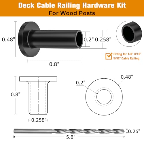 Cable Railing Protector Sleeves - 50 Pack T316 Stainless Steel Protective Sleeves - 1/8" 3/16" 5/32" Black Deck Cable Railing Hardware Kit for Wood Posts